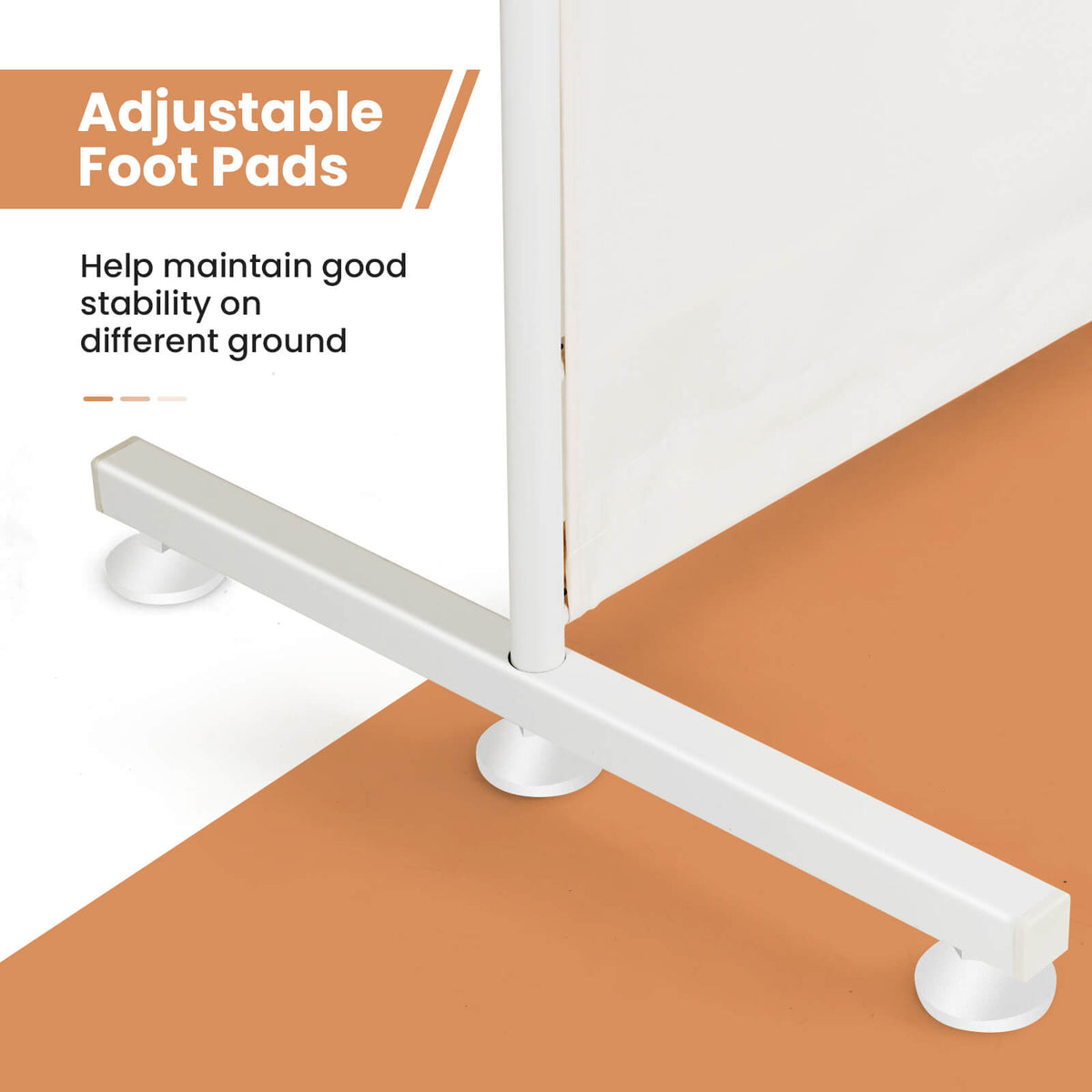 6-Panel Room Divider with Steel Support Base - White, No Wheels, Adjustable Feet