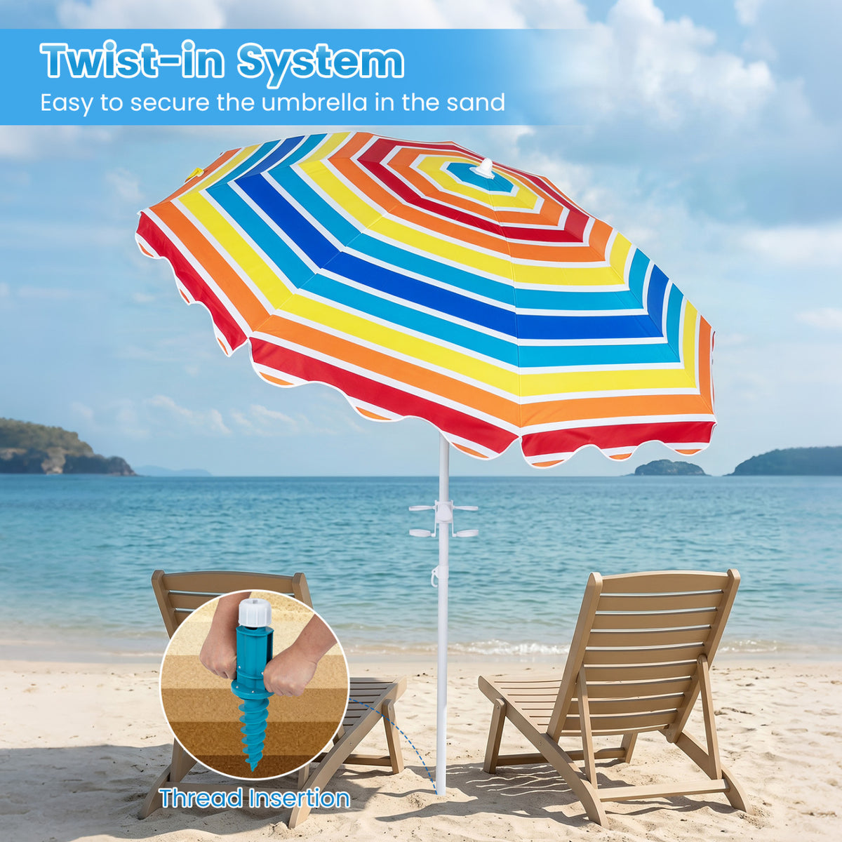 7 FT Beach Umbrella UPF 50+ with Sand Anchor for Garden Pool Backyard