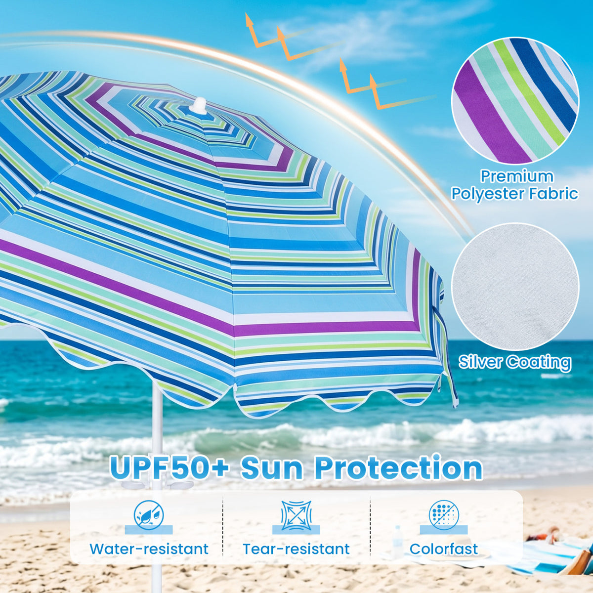 7 FT Beach Umbrella UPF 50+ with Sand Anchor for Garden Pool Backyard