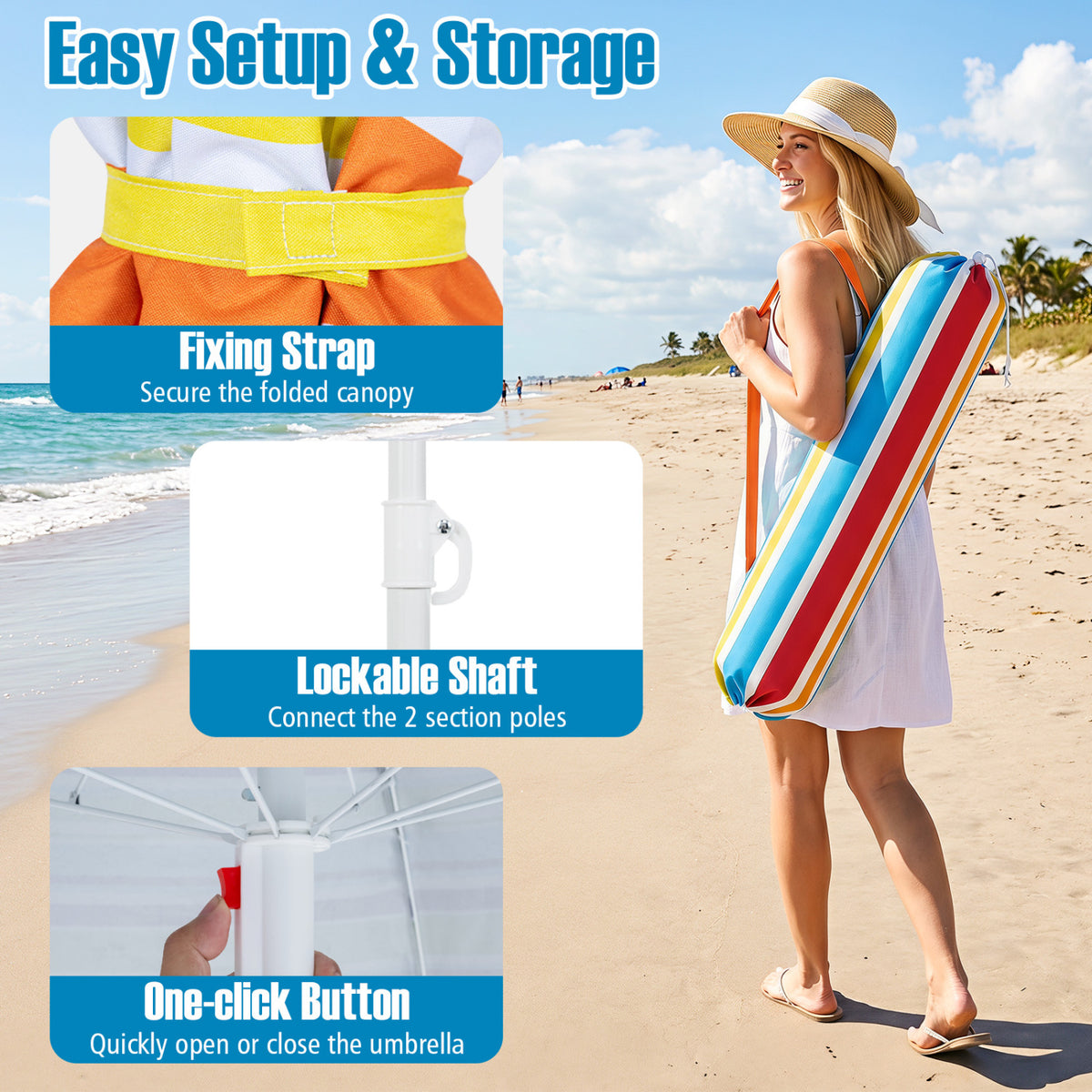 6.5 FT Beach Umbrella UPF 50+ with Sand Anchor for Garden Pool