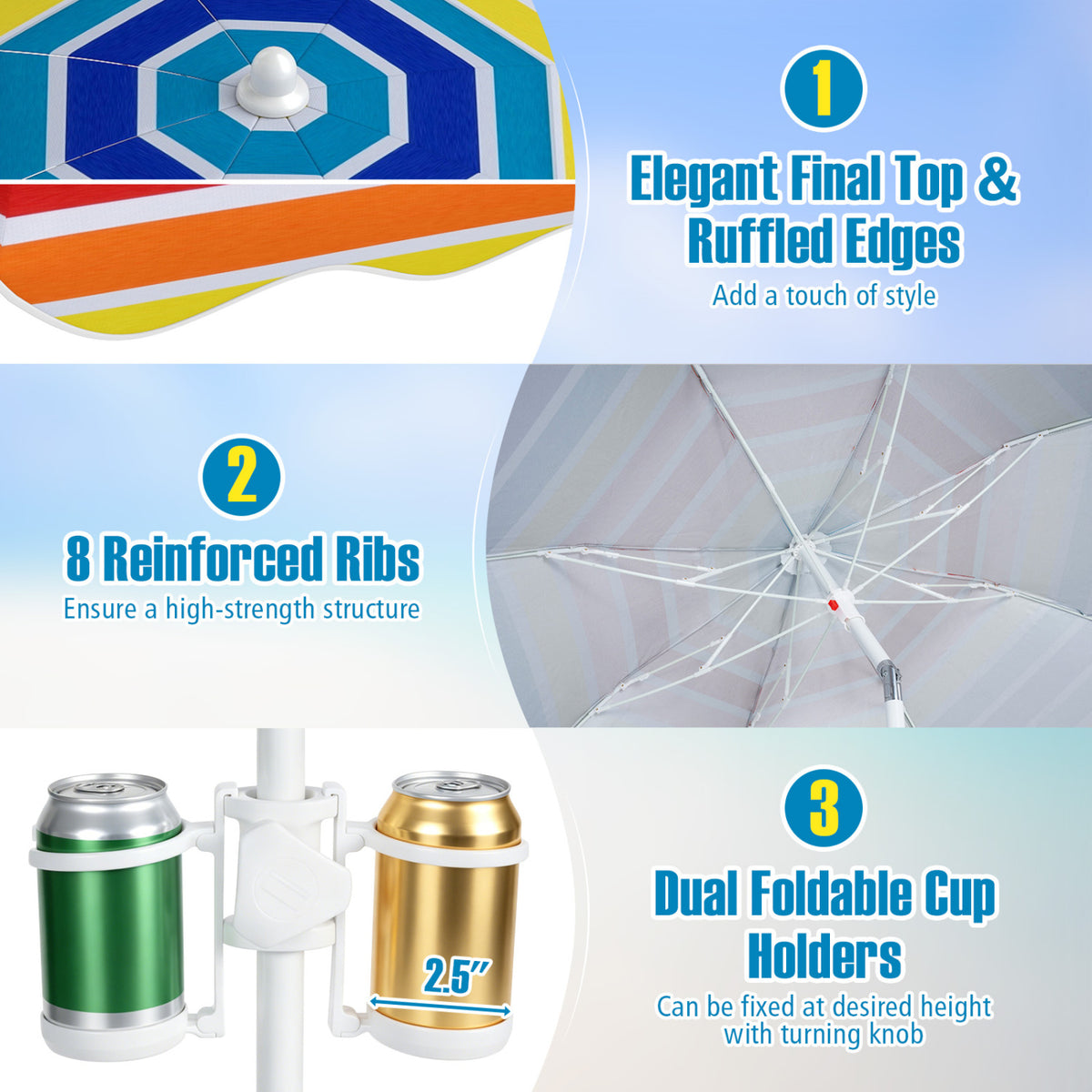 6.5 FT Beach Umbrella UPF 50+ with Sand Anchor for Garden Pool