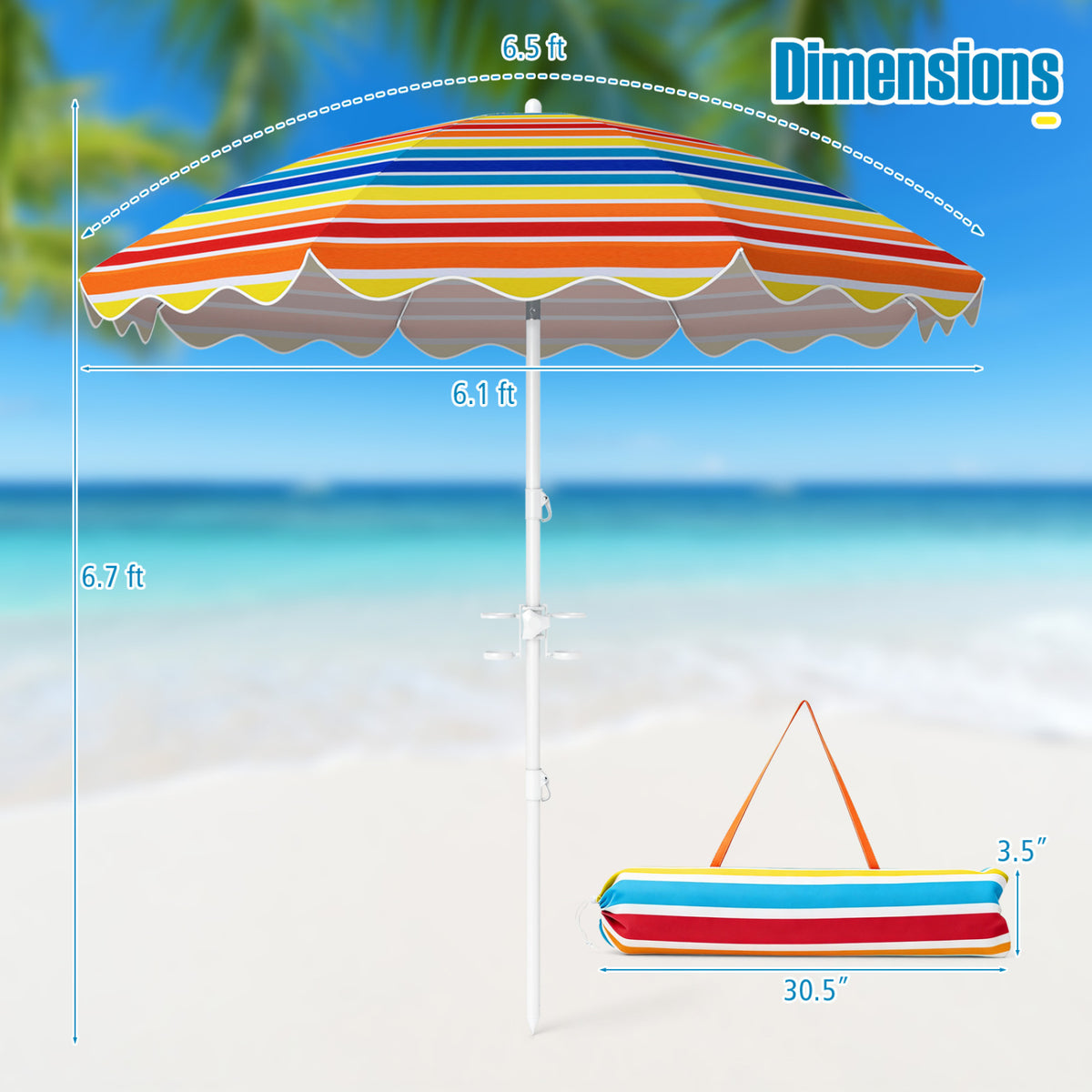 6.5 FT Beach Umbrella UPF 50+ with Sand Anchor for Garden Pool
