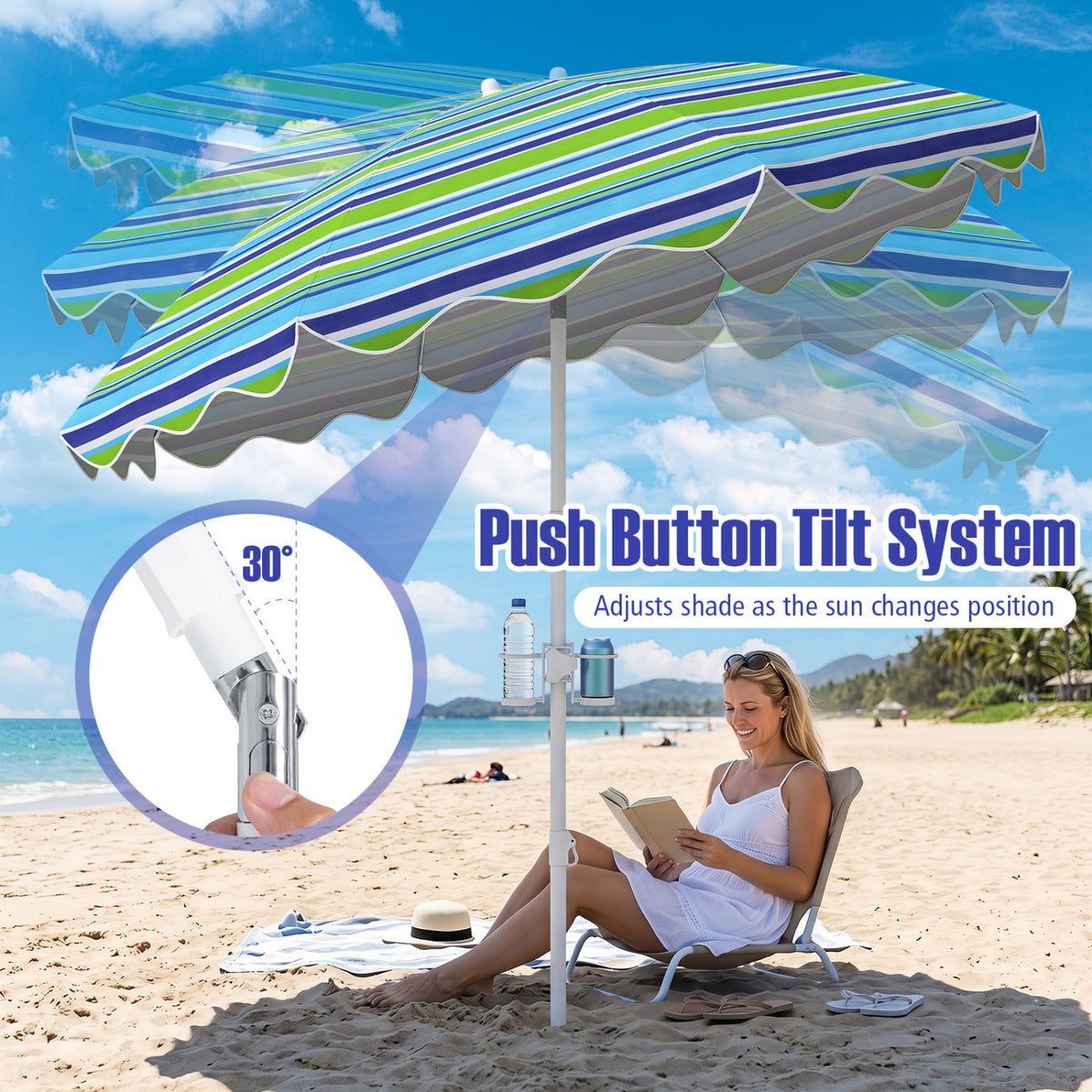 6.5 FT Beach Umbrella UPF 50+ with Sand Anchor for Garden Pool