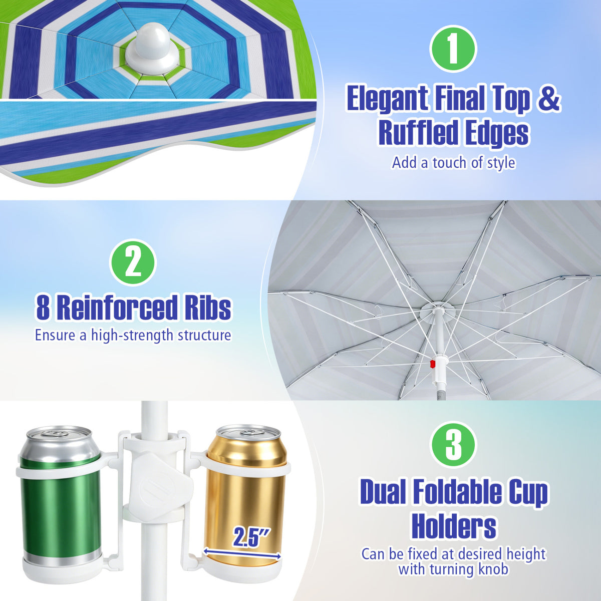 6.5 FT Beach Umbrella UPF 50+ with Sand Anchor for Garden Pool