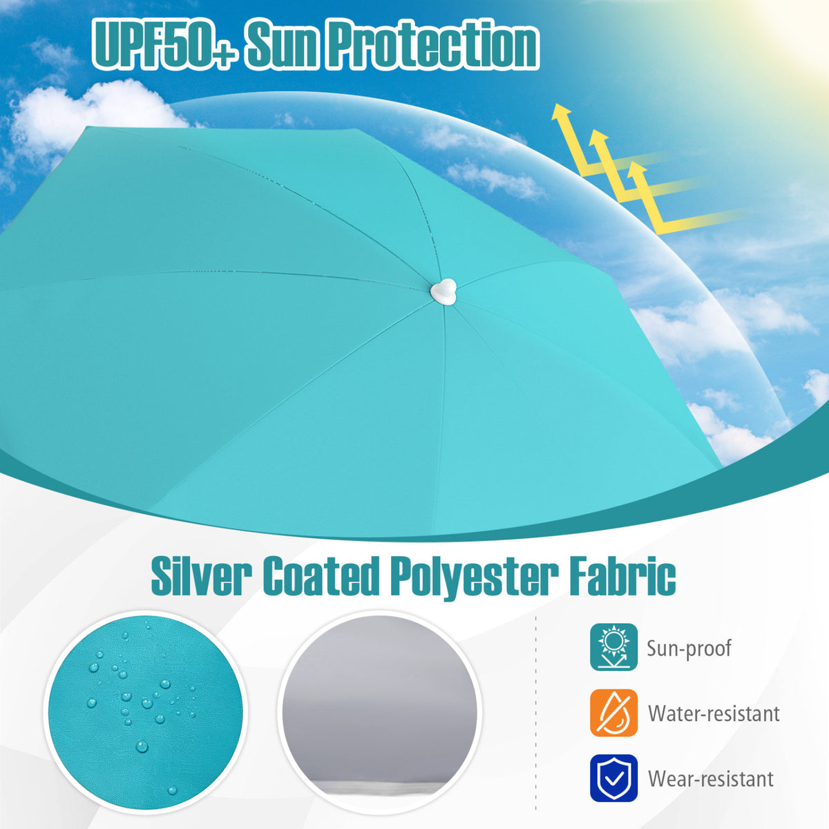 6.5 FT Beach Umbrella UPF 50+ with Sand Anchor for Garden Pool