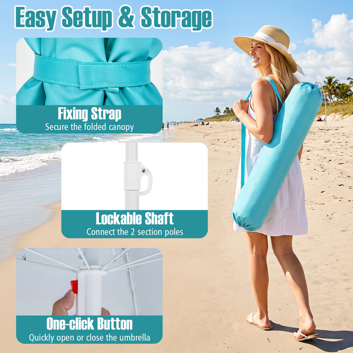 6.5 FT Beach Umbrella UPF 50+ with Sand Anchor for Garden Pool