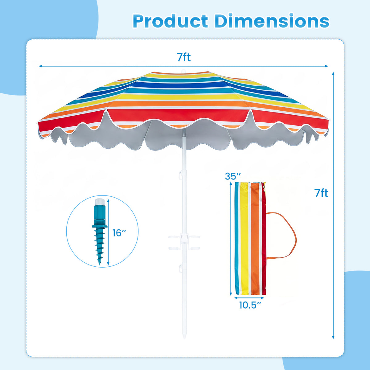 7 FT Beach Umbrella UPF 50+ with Sand Anchor for Garden Pool Backyard