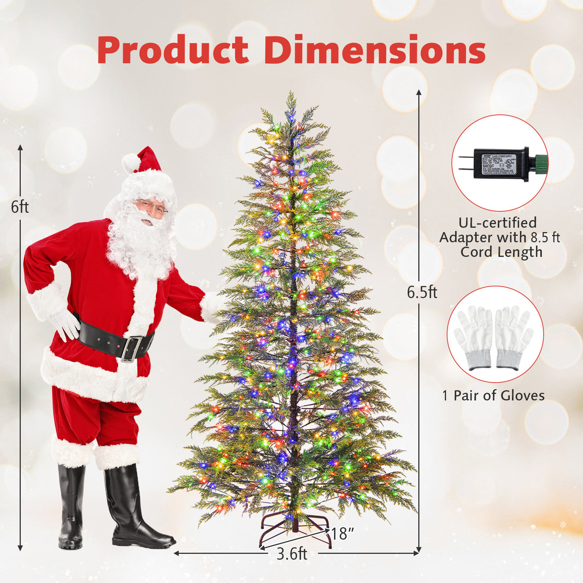 6.5/7.5 Feet Artificial Christmas Tree with Colorful LED Lights & Branch Tips - 6.5 ft