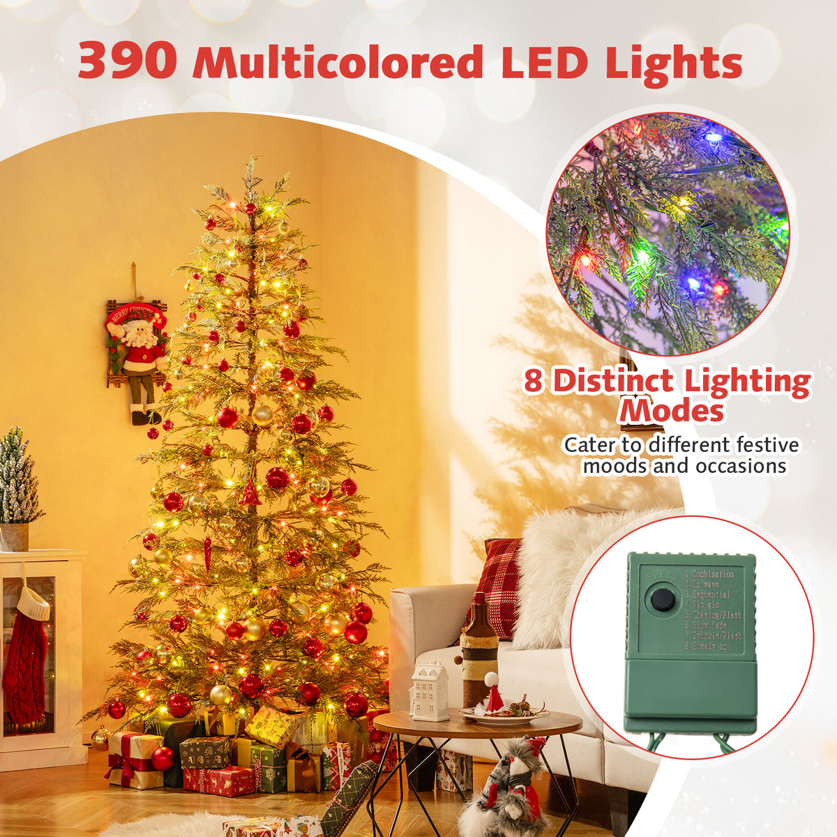 6.5/7.5 Feet Artificial Christmas Tree with Colorful LED Lights & Branch Tips - 6.5 ft