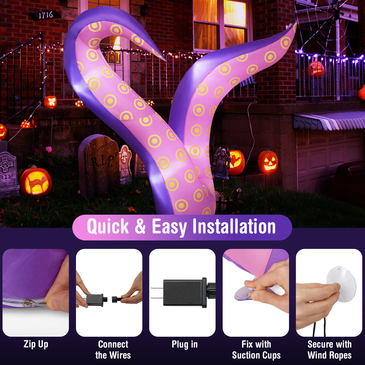 6.5 Ft Inflatable Tentacles with LED Lights & Suction Cups - Spooky Sea Creature