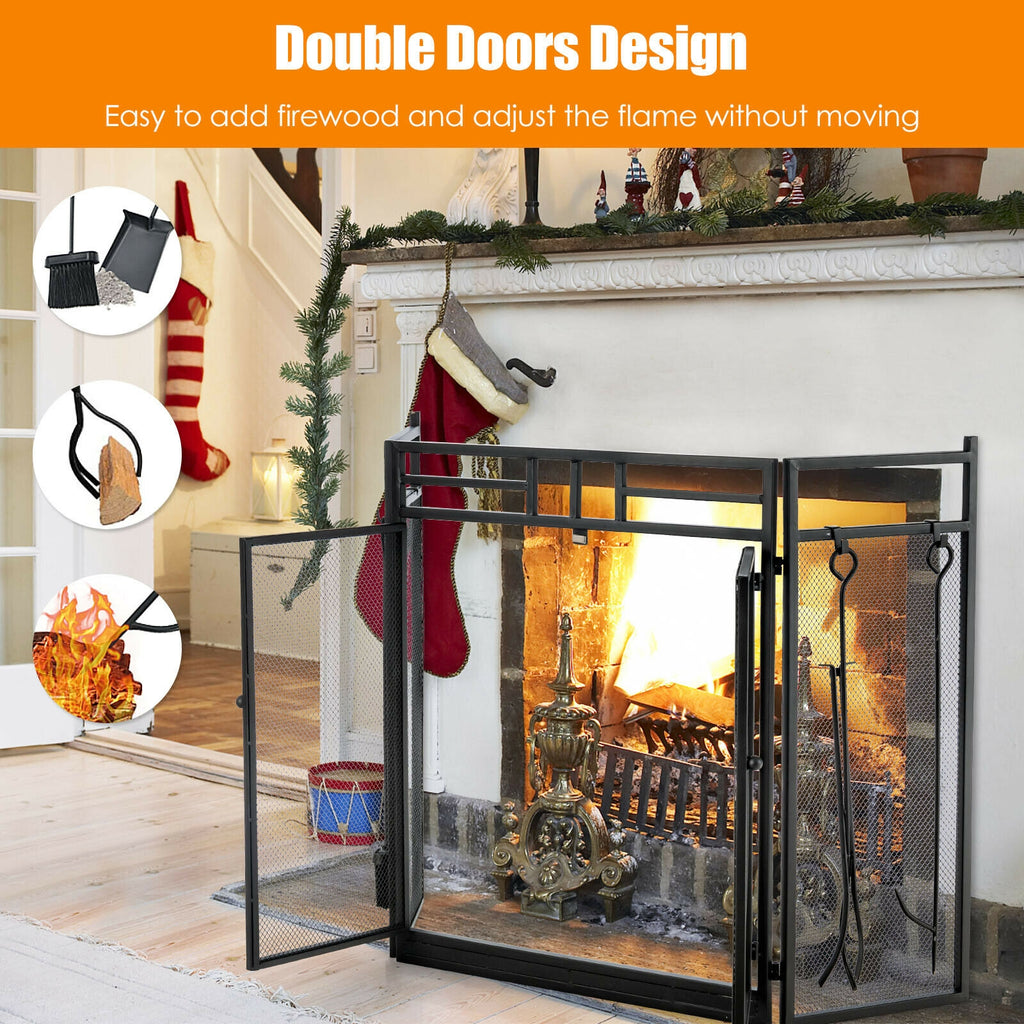 3-Panel Fireplace Screen with Tools Set - Black