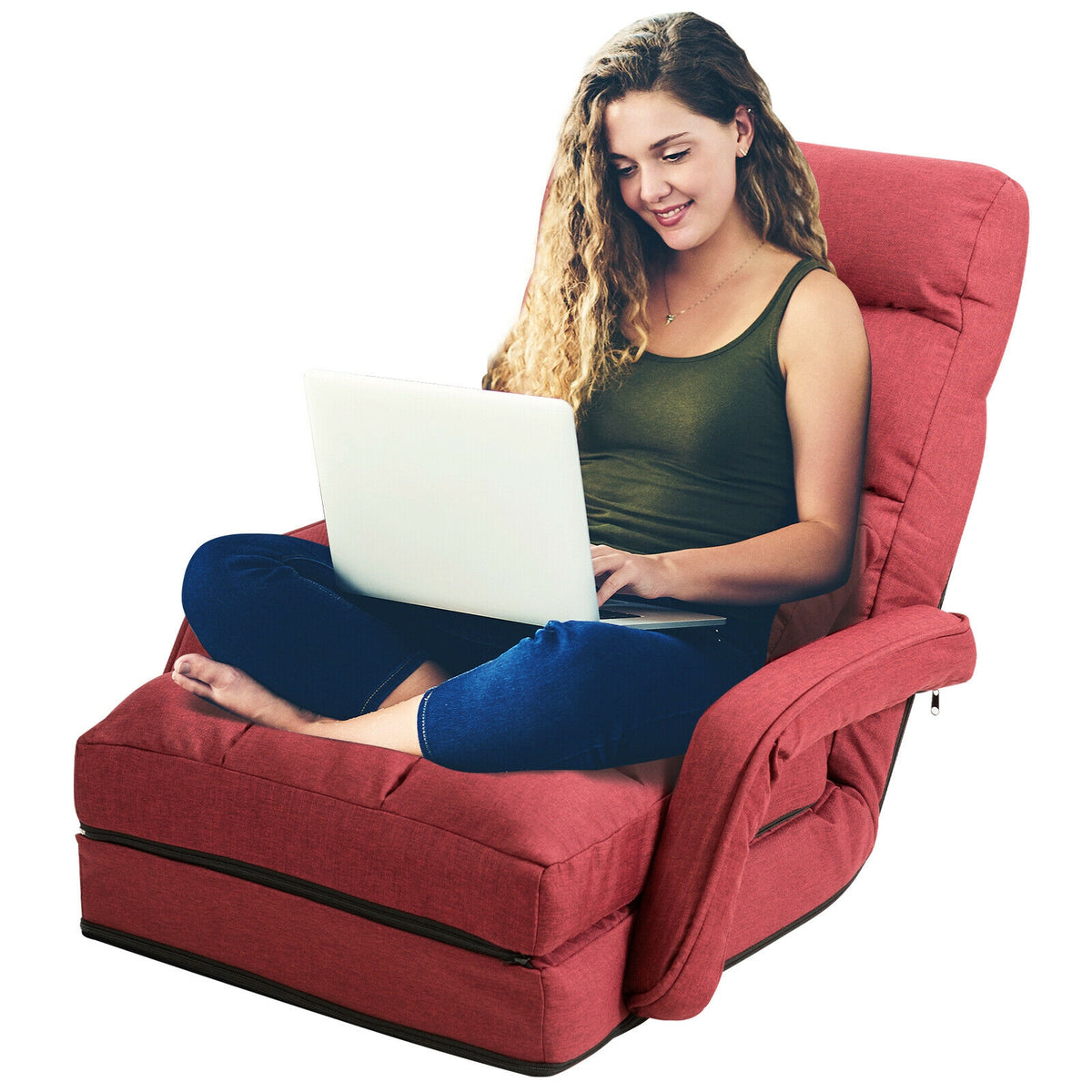 Folding Lazy Floor Chair with Armrests and Pillow - Red