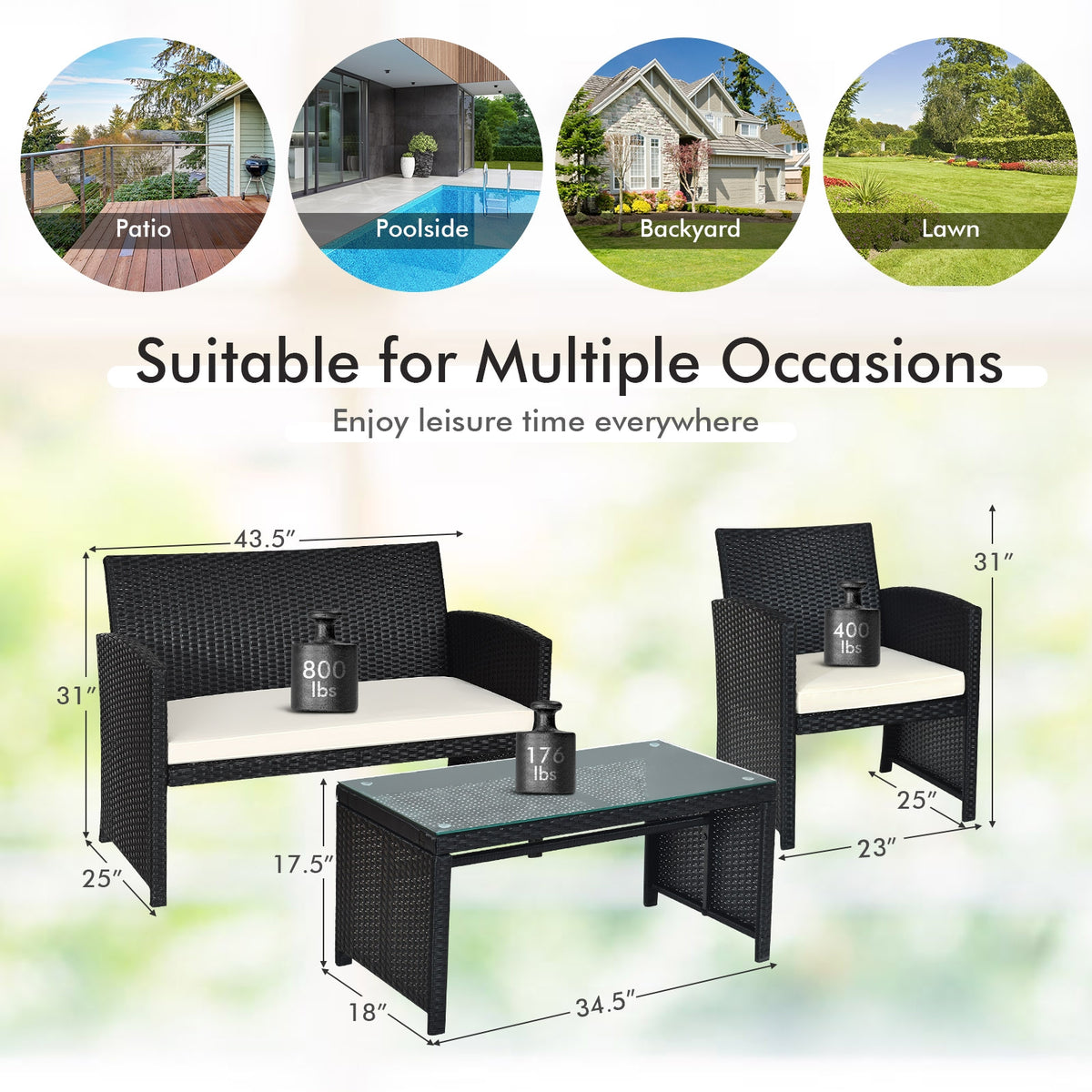 4 Pieces Rattan Patio Furniture Set with Weather Resistant Cushions