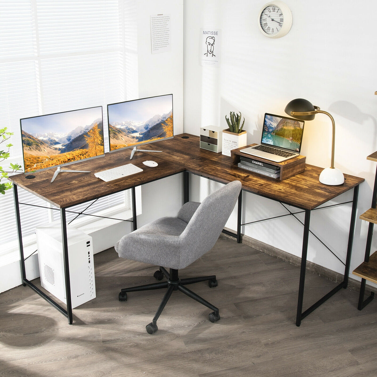 95-Inch L-Shaped Computer Desk for 2, Rustic Brown