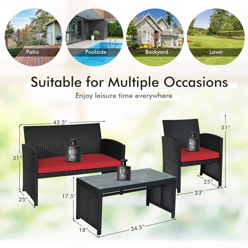 4-Piece Rattan Patio Furniture Set with Cushions - Black Rattan, Red