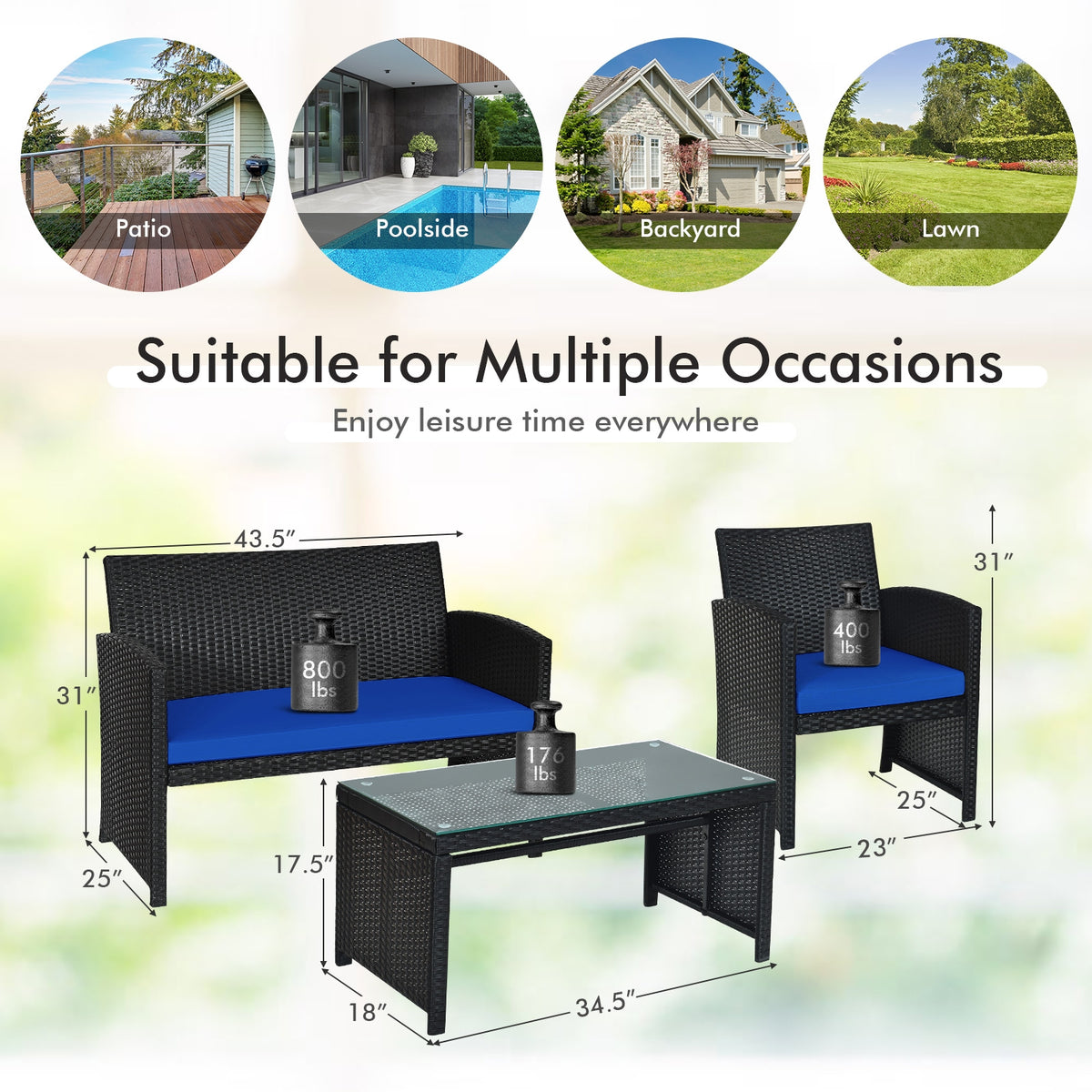 4-Piece Rattan Patio Furniture Set with Cushions - Black Rattan, Navy