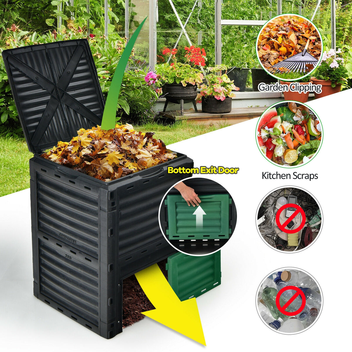 80-Gallon Outdoor Composter with Large Openable Lid and Bottom Exit