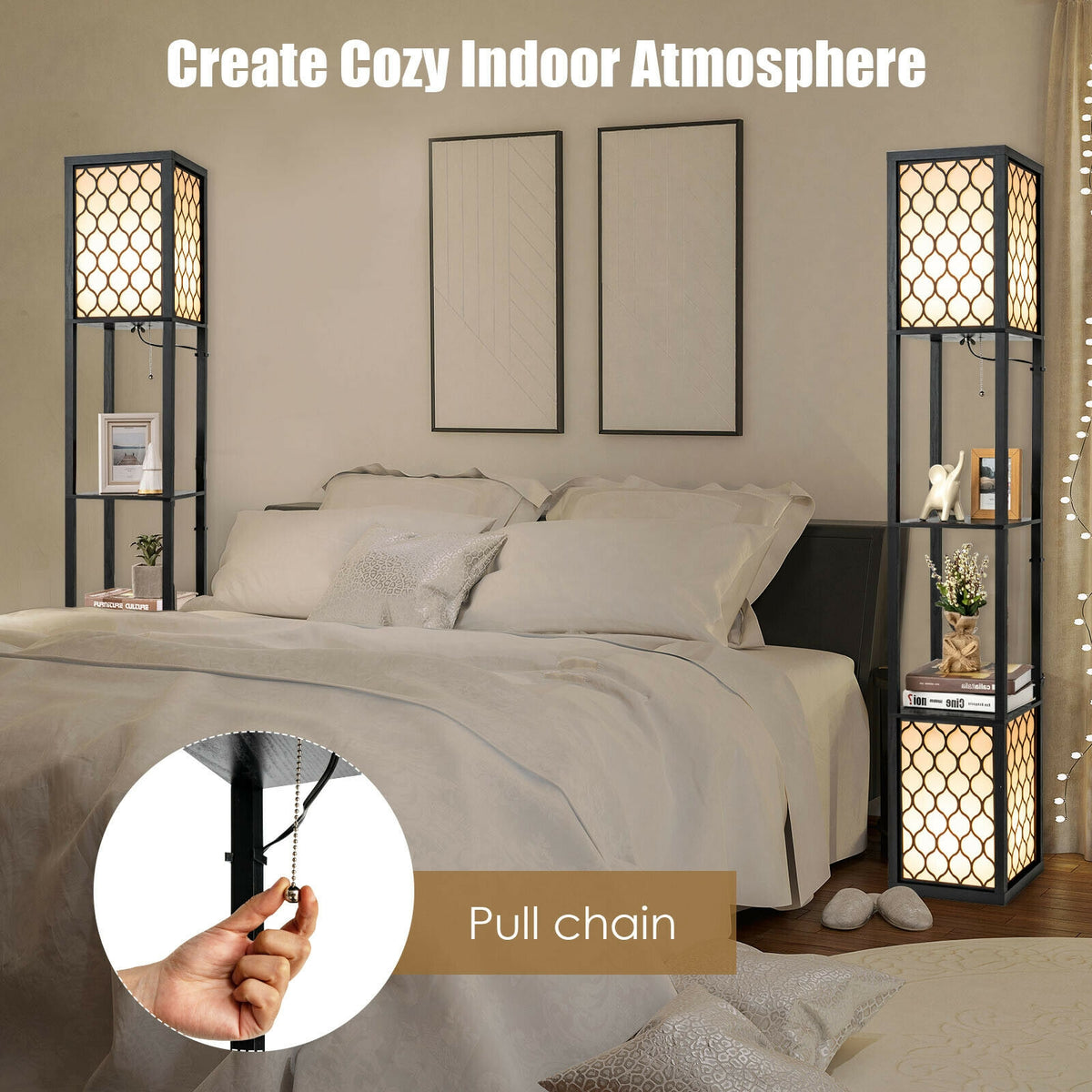 Freestanding Floor Lamp with Shelf & Double Pull Chain Foot Switch