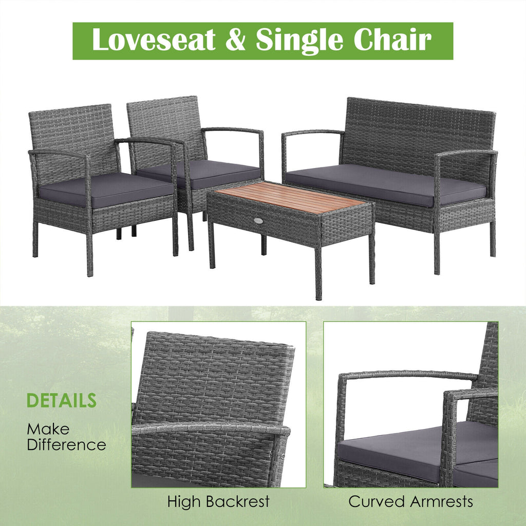 4-Piece Rattan Patio Conversation Set with Acacia Wood Table