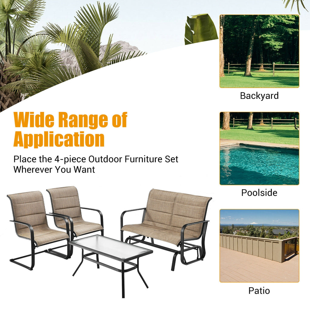 4 Pieces Outdoor Patio Furniture Set with Padded Glider Loveseat and