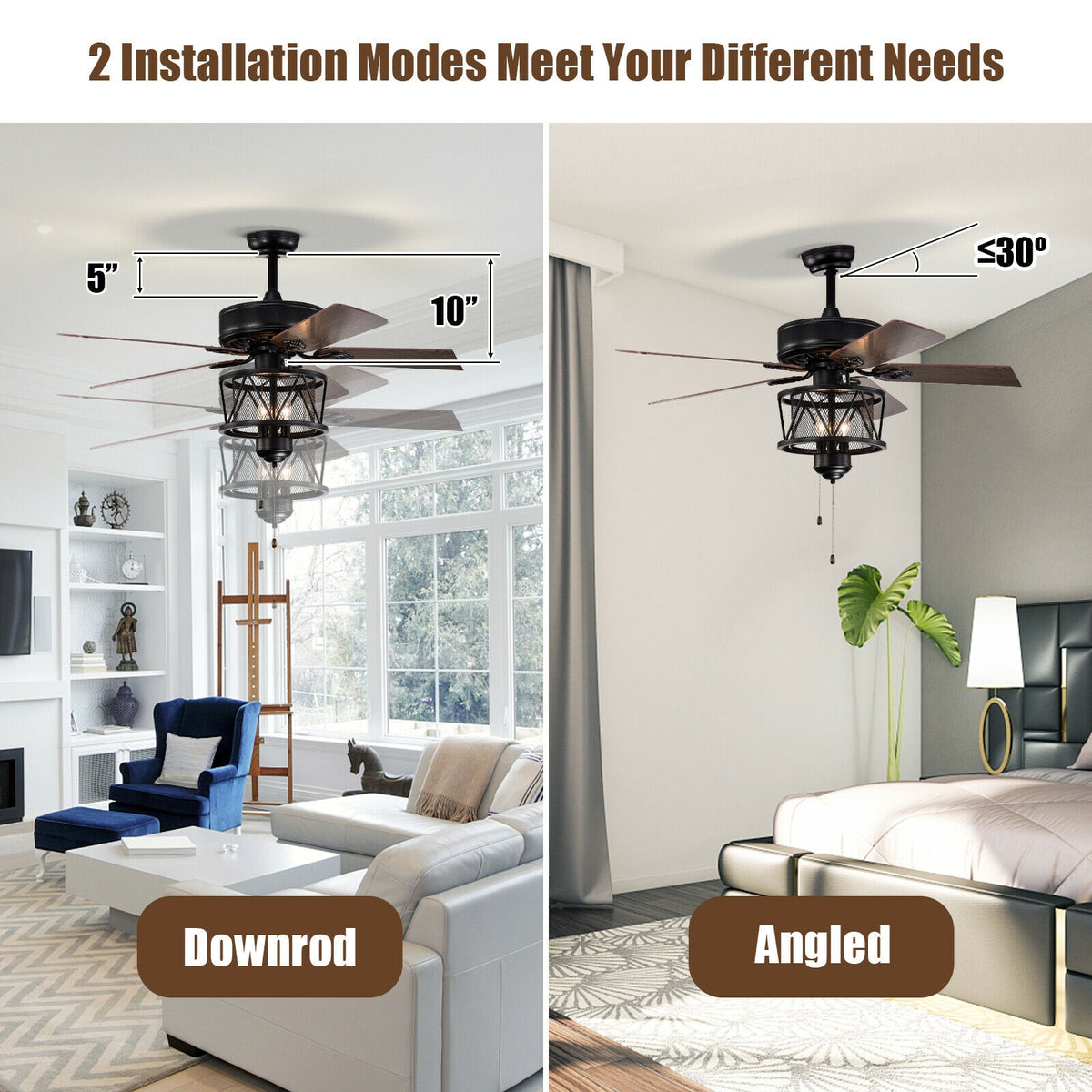 Black 50-Inch Ceiling Fan with Lights Reversible Blades & Pull Chain
