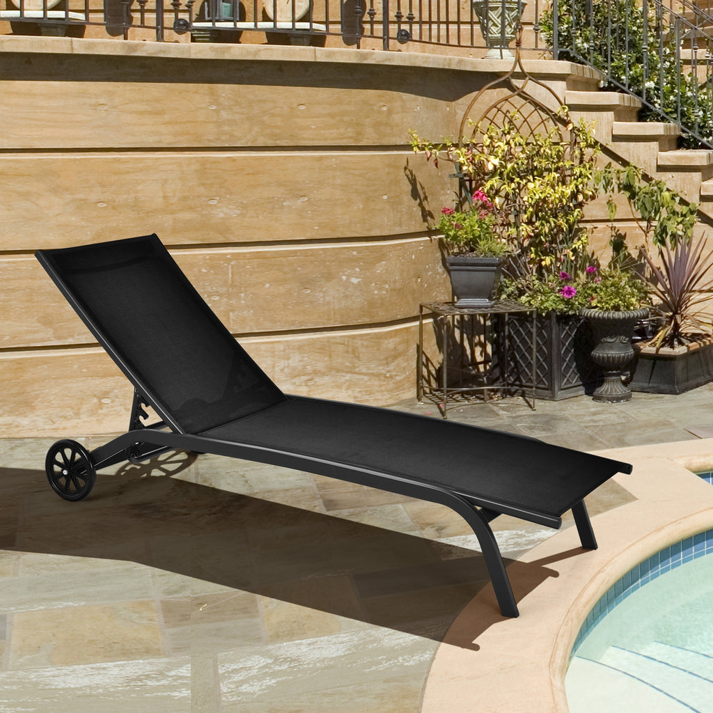 6-Position Adjustable Outdoor Chaise Recliner with Wheels - Black