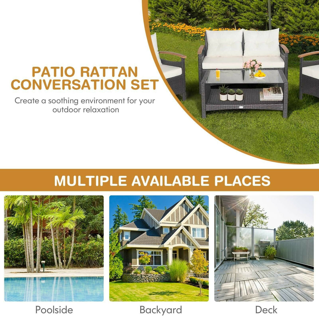 4 Pieces Patio Rattan Furniture Set with Cushioned Sofa and Storage