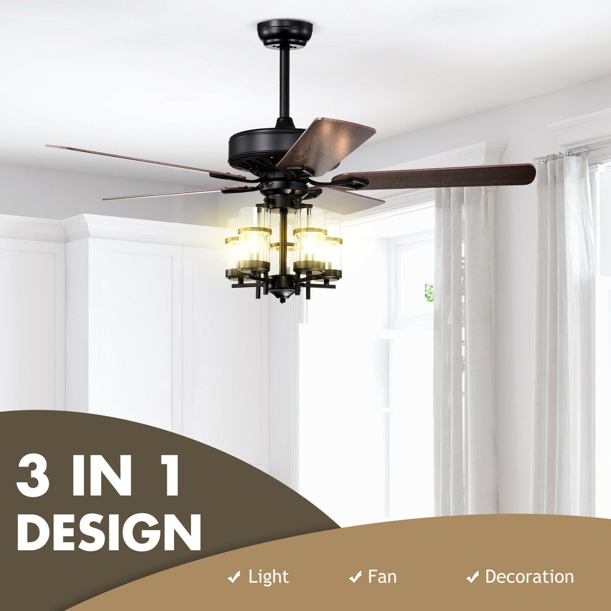 50 Inch Noiseless Ceiling Fan Light with Explosion-Proof Glass Shades - Black Variation