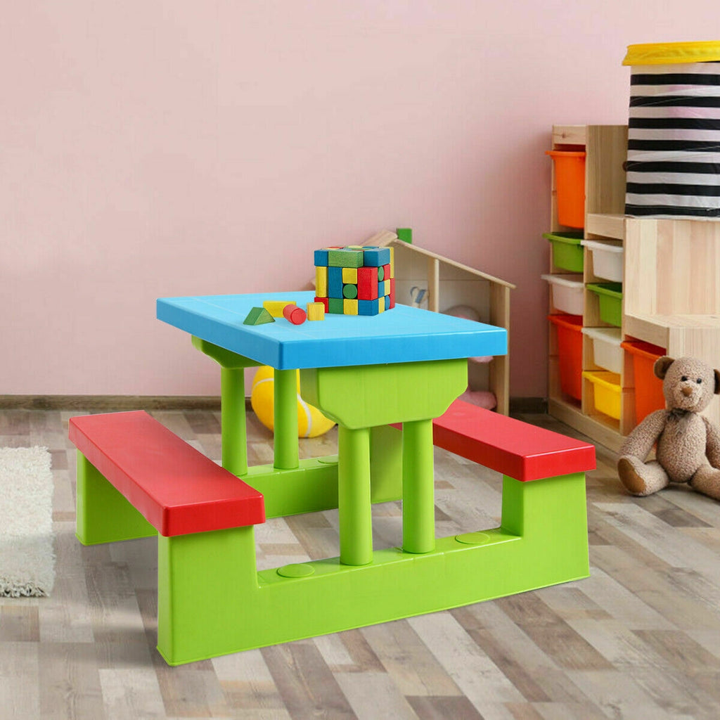 Kids Picnic Folding Table and Bench Set with Green Umbrella - Safe & Sturdy Outdoor Play Furniture