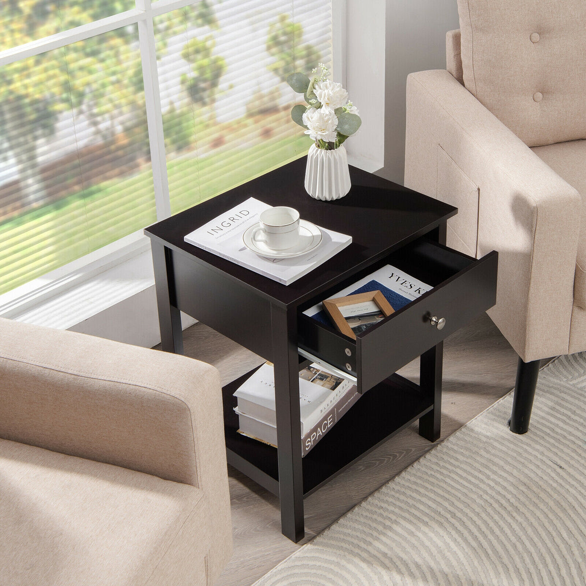 Wooden Storage Shelf with Drawer, Black
