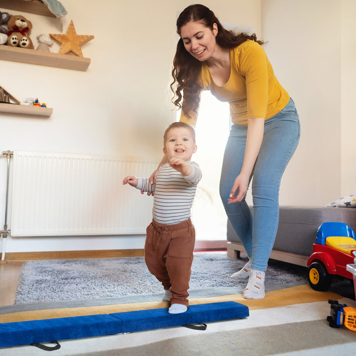 Portable Floor Balance Beam with Handles - 7 Feet Folding Gymnastics Beam Blue