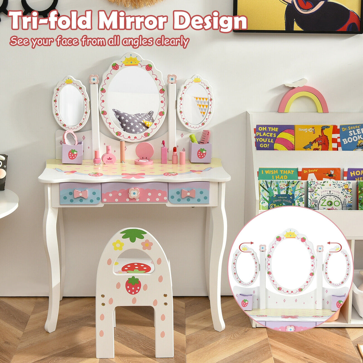 Kids Vanity Set with Tri-Fold Mirror and Chair - White, Detachable Top