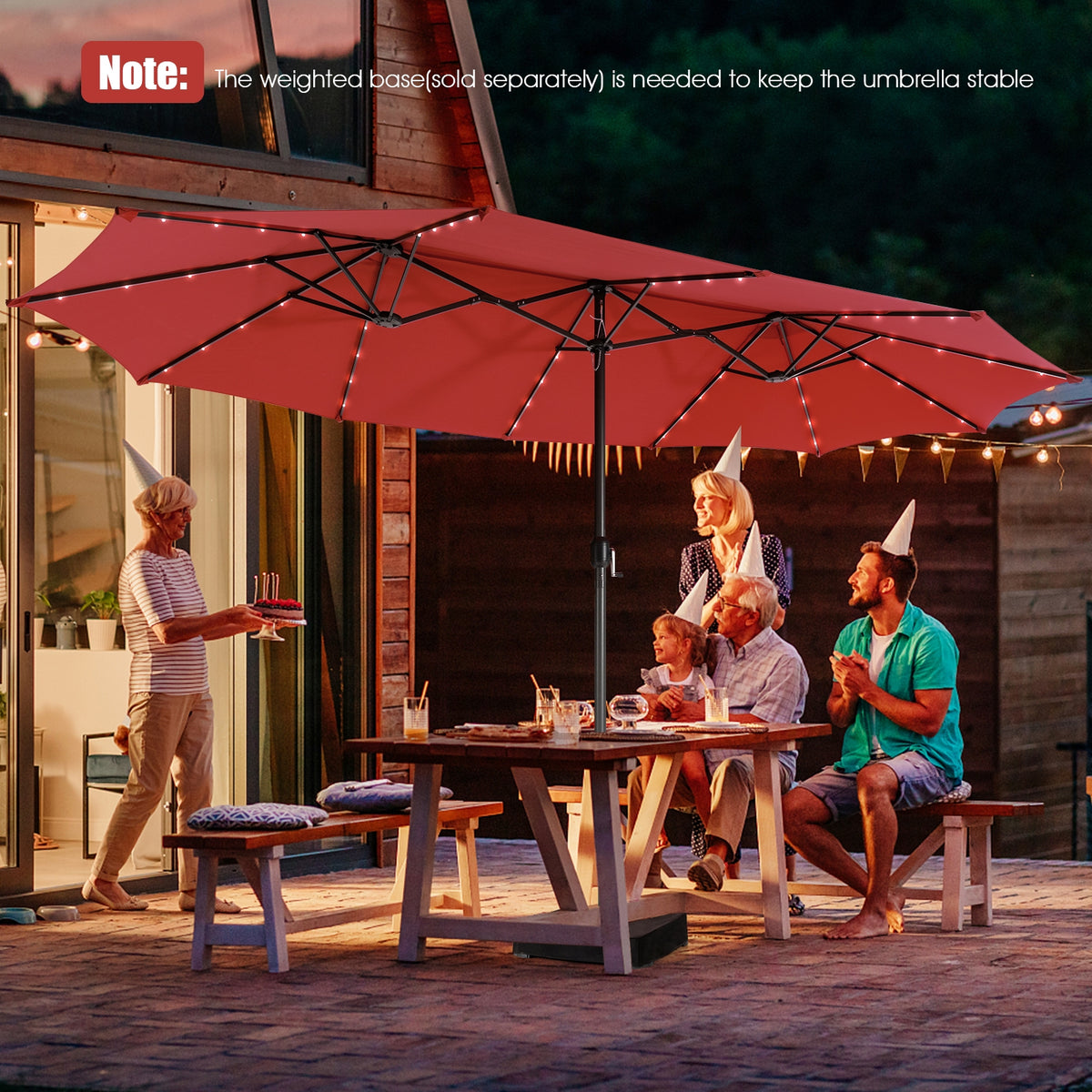 15 Feet Twin Patio Umbrella with 48 Solar LED Lights - Dark Red