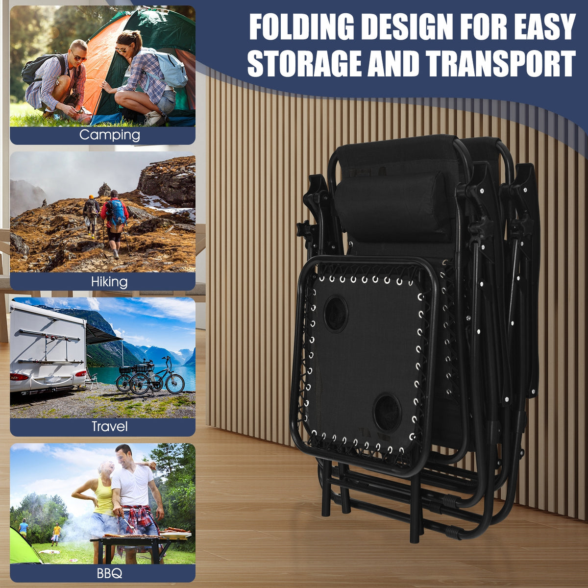 3 Pieces Folding Portable Zero Gravity Reclining Lounge Chairs Table