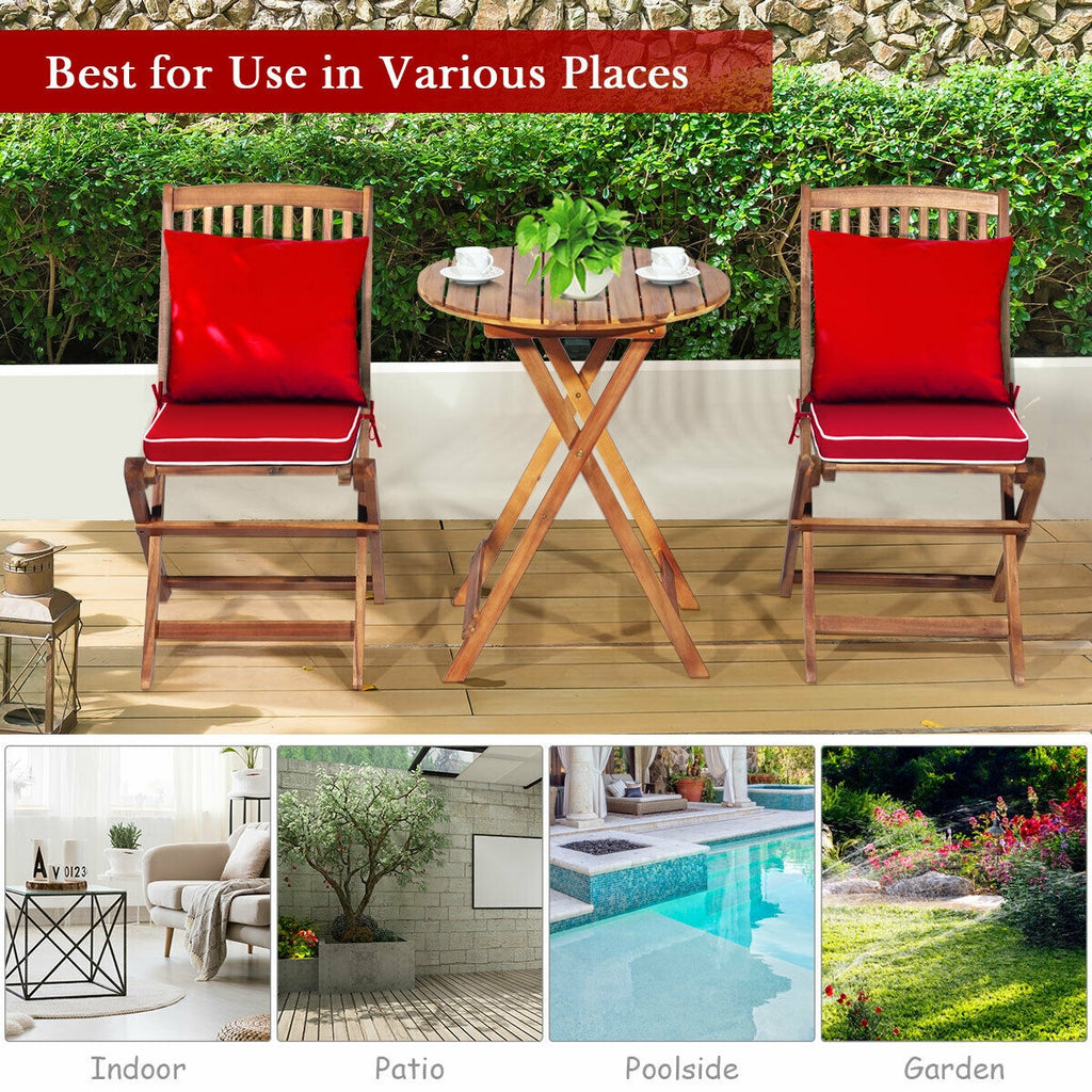 3-Piece Patio Bistro Set with Padded Cushions and Folding Table - Red