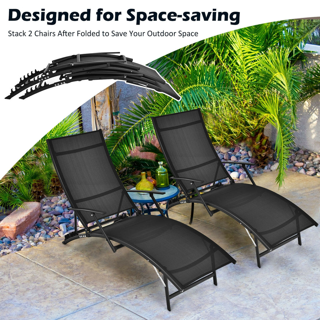 Patio Folding Stackable Chaise Lounge Chair with Armrest - Black