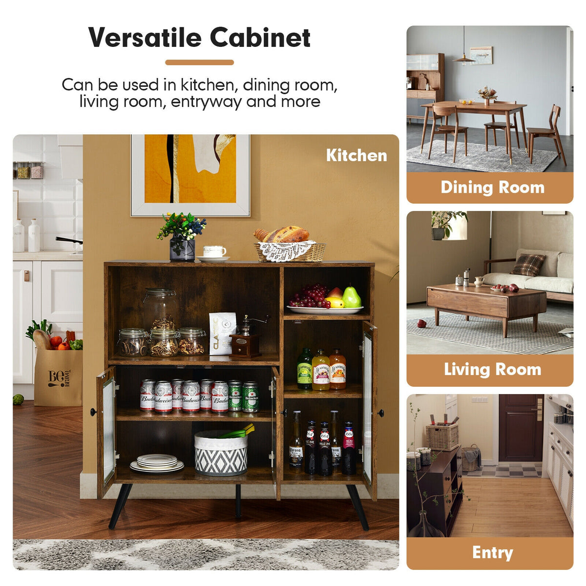 Industrial Buffet Storage Cabinet with Glass Door - Rustic Brown