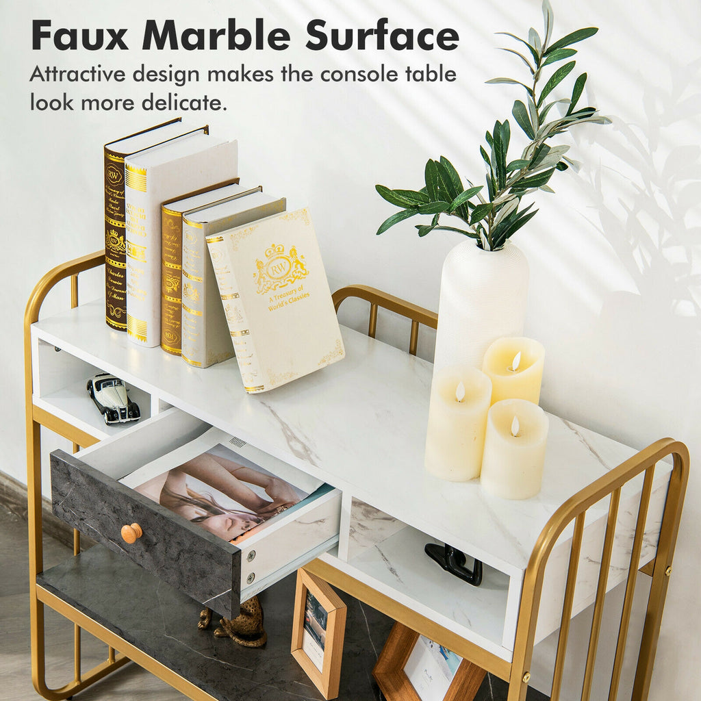 Faux Marble Console Table with Drawer - White
