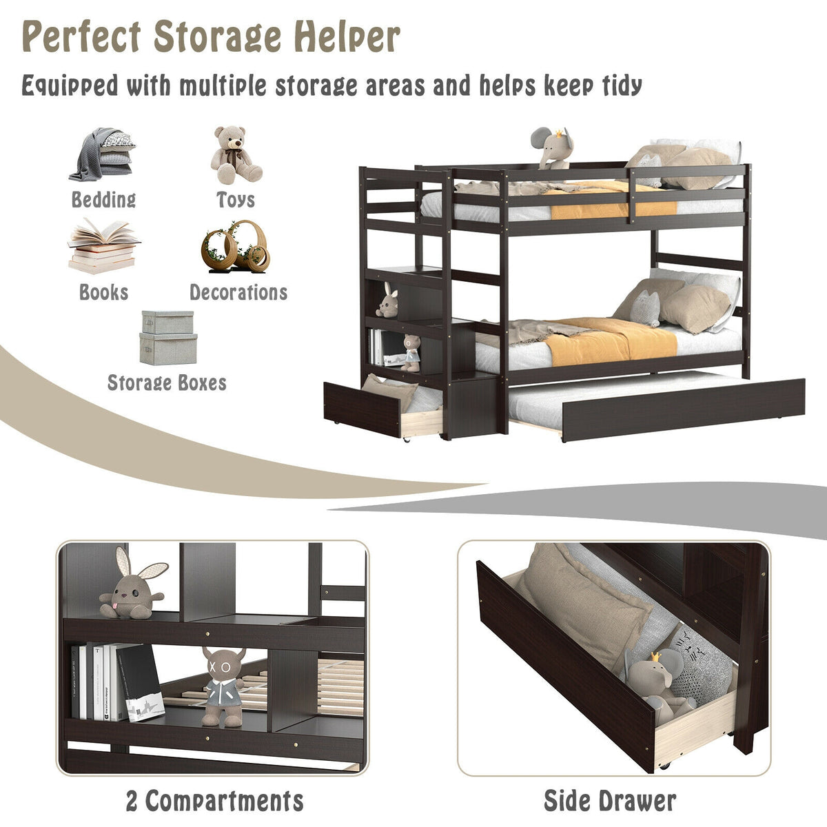 Twin Over Twin Bunk Bed with Storage & Staircase - Dark Brown