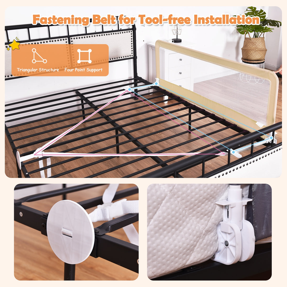 59 Inch Folding Baby Bed Rail Guard with Safety Strap - Beige, Breathable Mesh