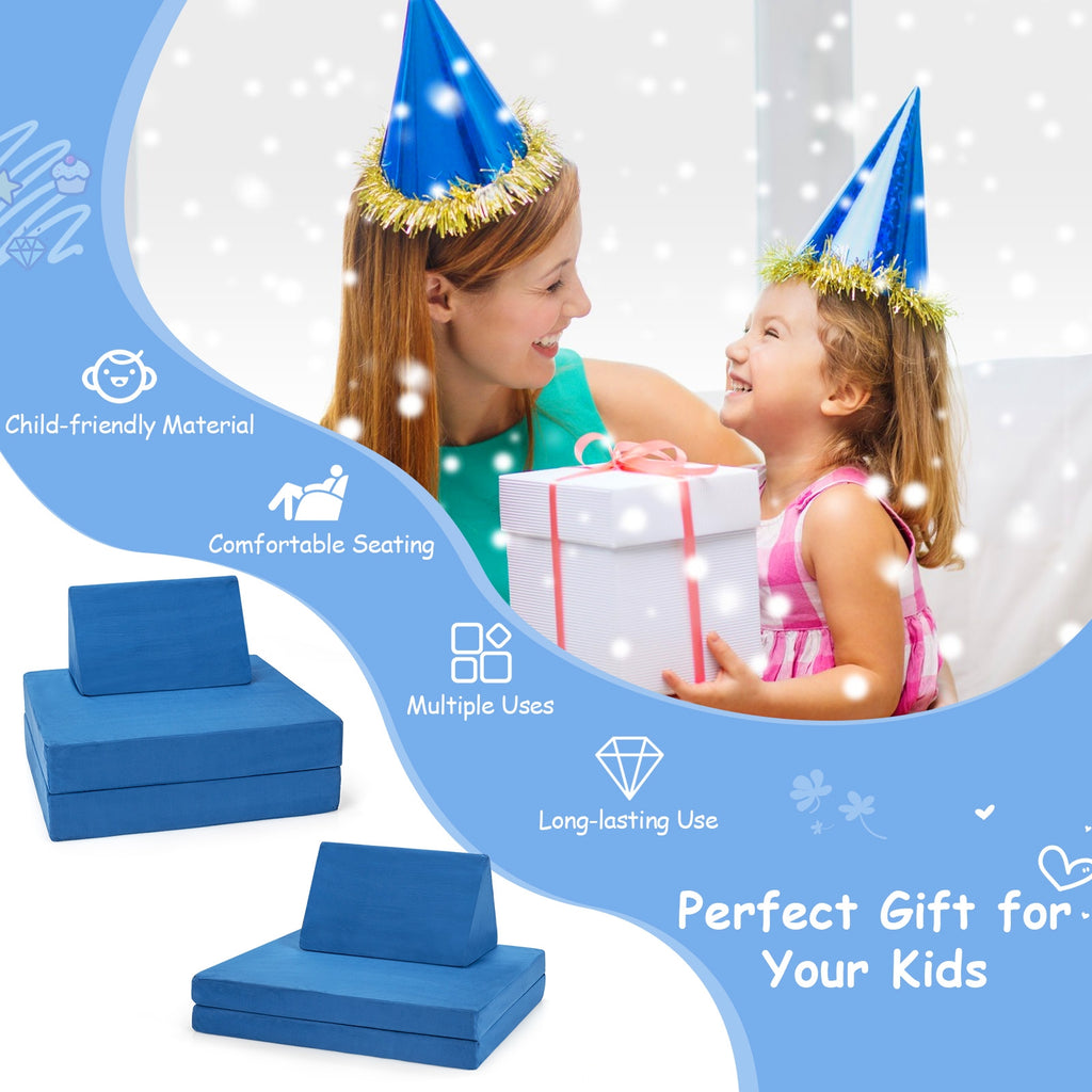 Girls Boys Modular Sofa Play Couch Set with 2 Folding Mats & 2 Triangular Pillows - Blue, 4 Pieces