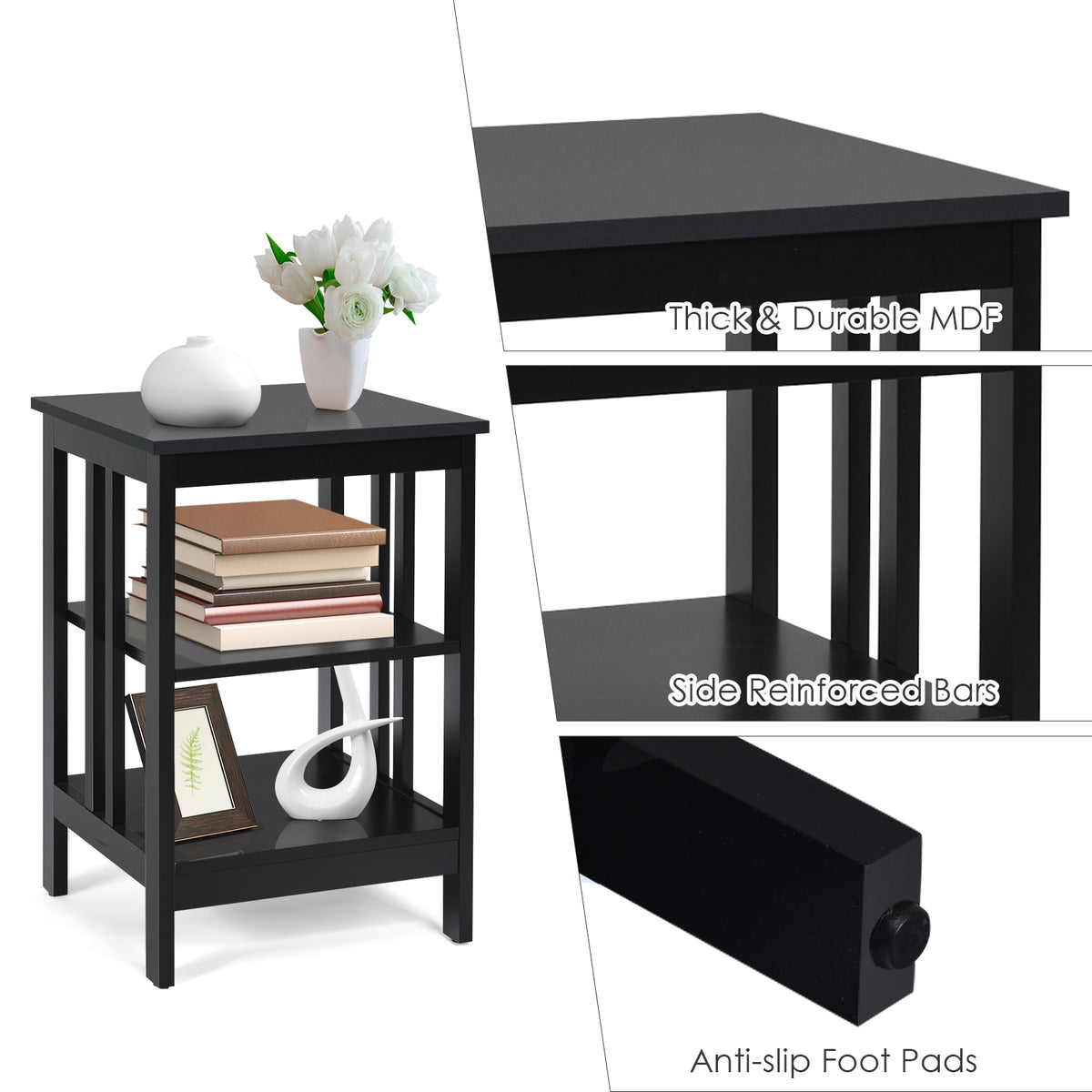 3-Tier Nightstand Sofa Side Table - Black