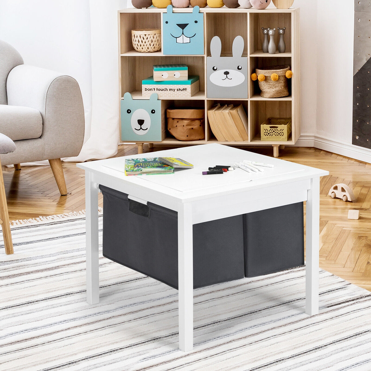 White 2-in-1 Kids Double-Sided Activity Building Block Table with Drawers