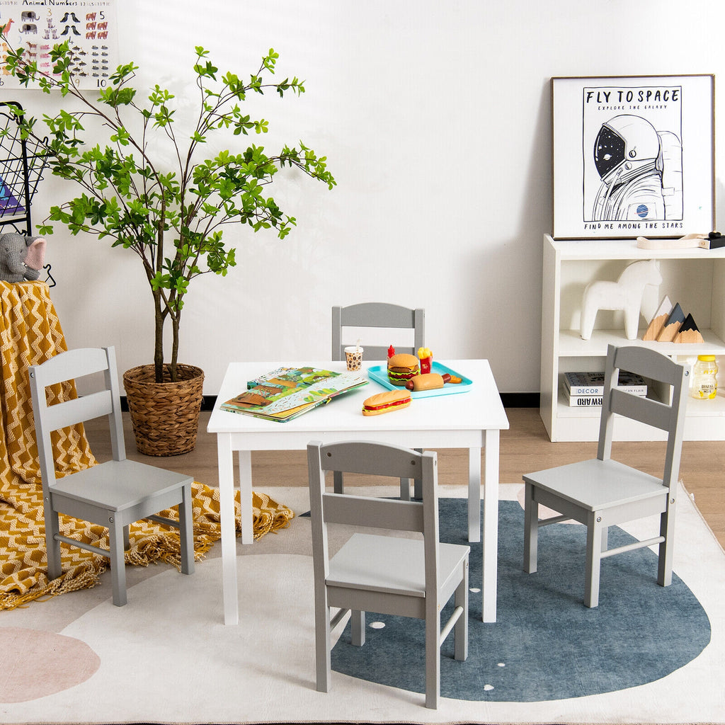 Kids Wooden 5-Piece Table and Chair Set - Rectangular White Playroom Furniture