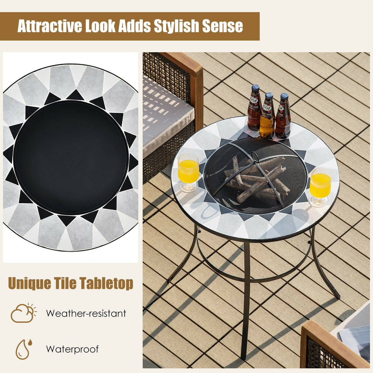 23.5 Inches Round Fire Pit Table with Mesh Cover and Poker