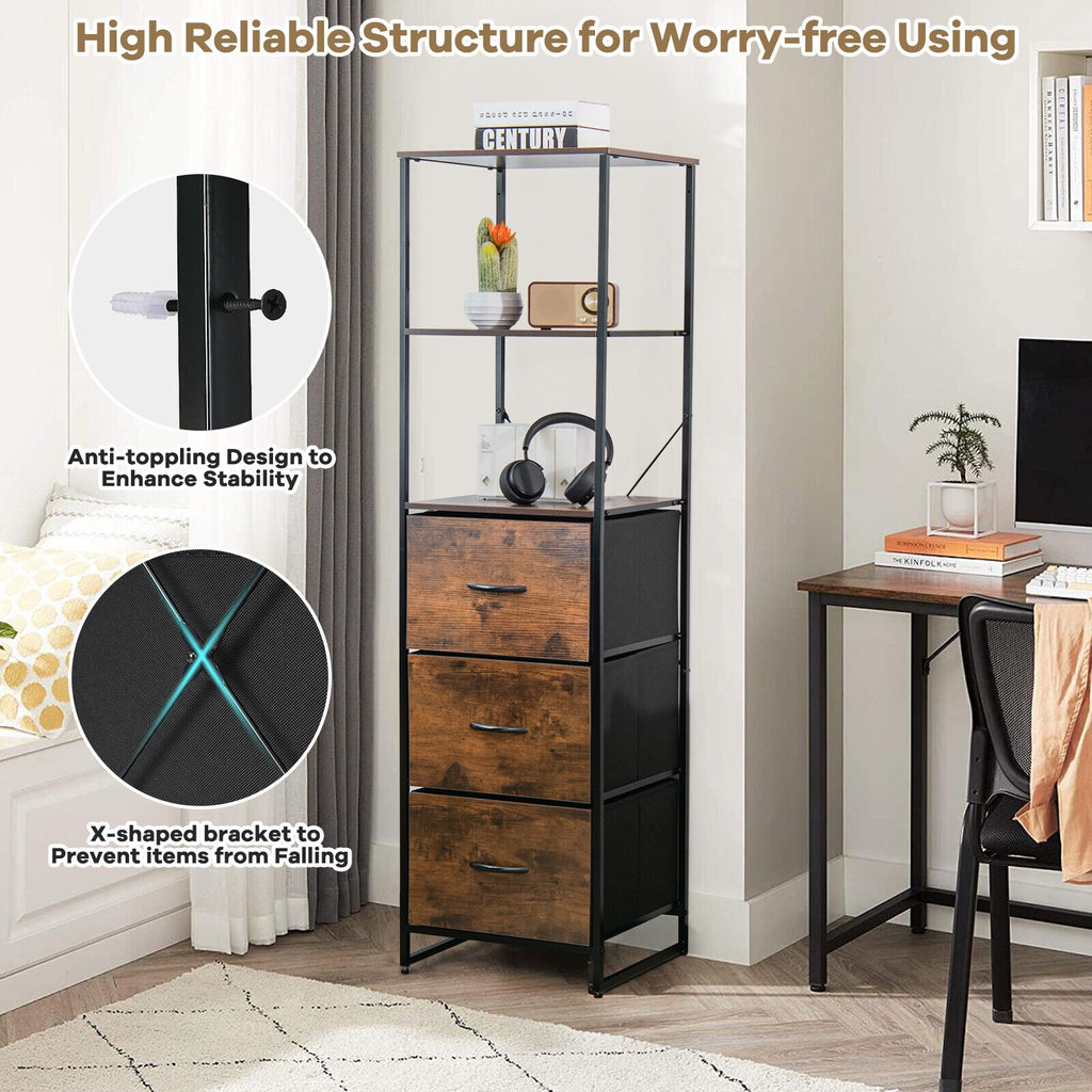 Tall Storage Rack Bookshelf with 3 Folding Drawers and Shelves