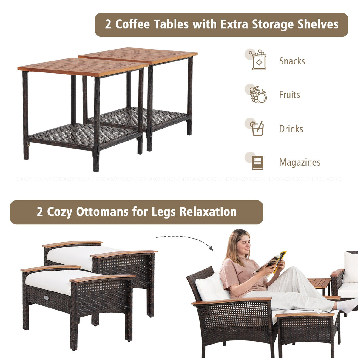 7-Piece Patio Rattan Conversation Set - Loveseat, 2 Chairs, 2 Ottomans, 2 Coffee Tables