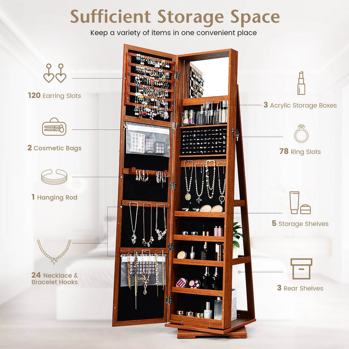 360° Rotating Jewelry Cabinet with Mirror - 3 Shelves, Brown
