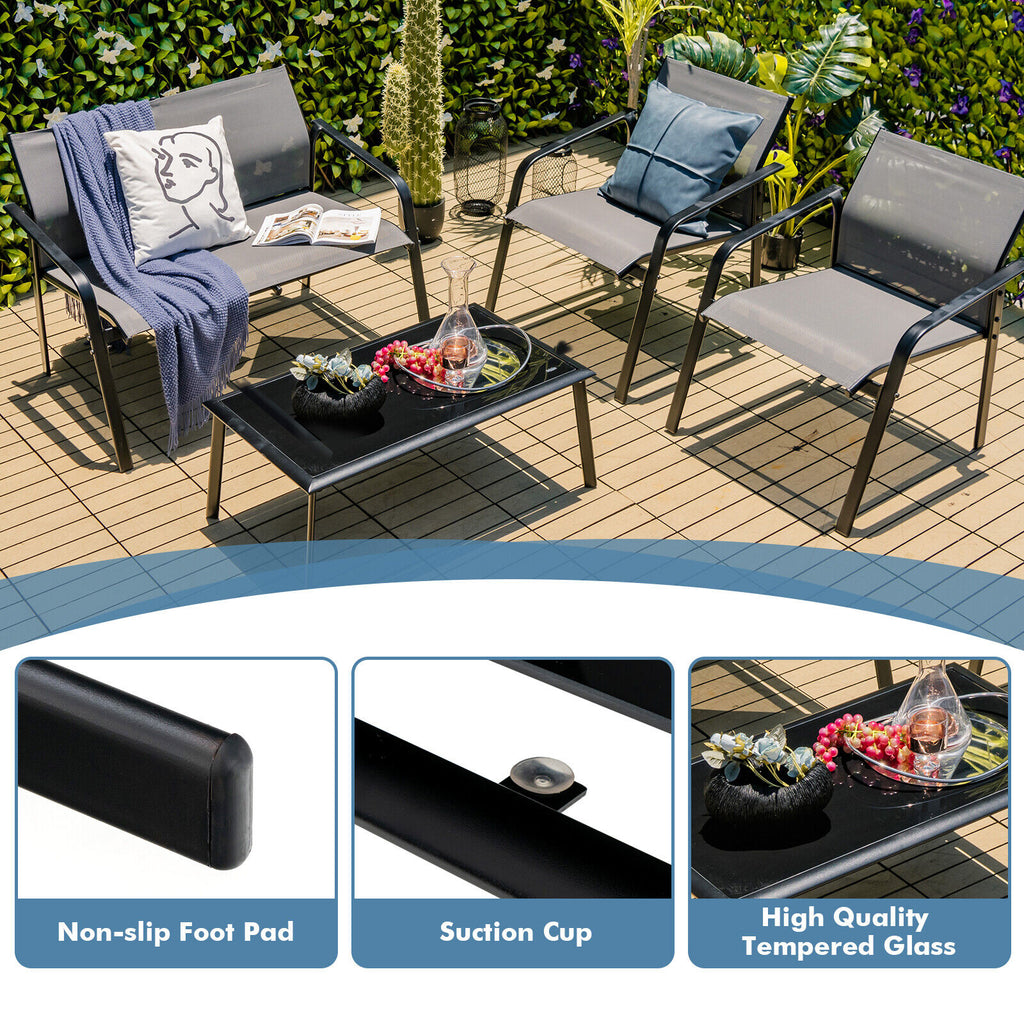 4-Piece Patio Furniture Set with Loveseat Sofas and Glass Table - Gray