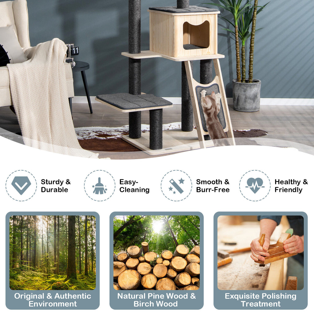 5-Tier Modern Wooden Cat Tower with Washable Cushions - Gray, 5-Layer